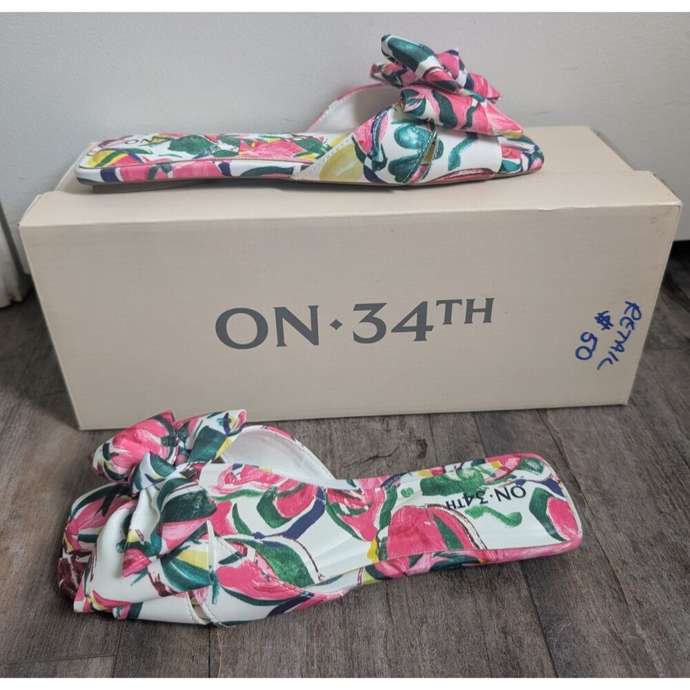 NEW On 34th Jazminn Floral FB Bow Slip-On Slide Flat Sandals Retro Women's 6.5